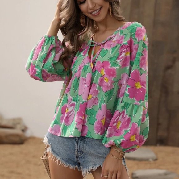 Floral print Blouse Green Pink - Picture 5 of 6